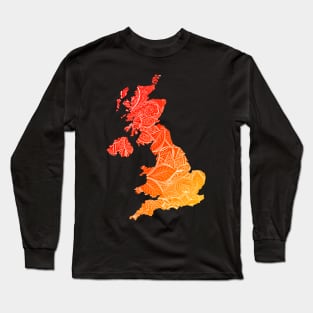 Colorful mandala art map of United Kingdom with text in red and orange Long Sleeve T-Shirt